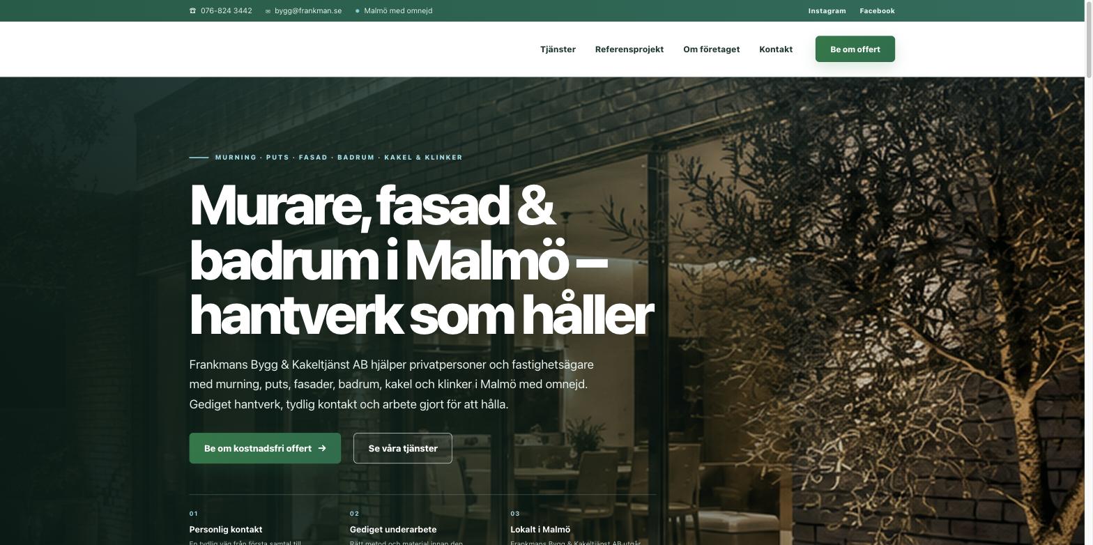 Startsidan för Frankmans Bygg och Kakeltjänst