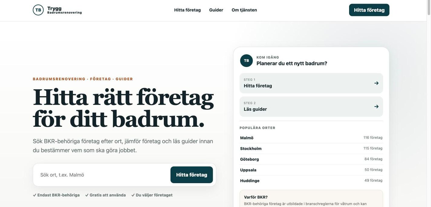 Startsidan för Trygg Badrumsrenovering, en katalog över BKR-behöriga badrumsföretag